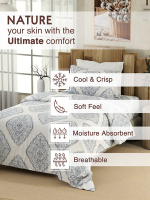 Serenity 100% Cotton 200 TC Blue Ethnic 1 Single Size Bedsheet with 1 Pillow Cover