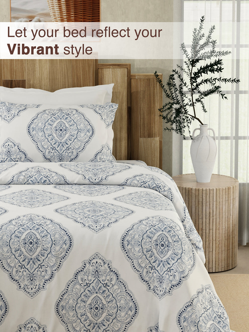 Serenity 100% Cotton 200 TC Blue Ethnic 1 Single Size Bedsheet with 1 Pillow Cover