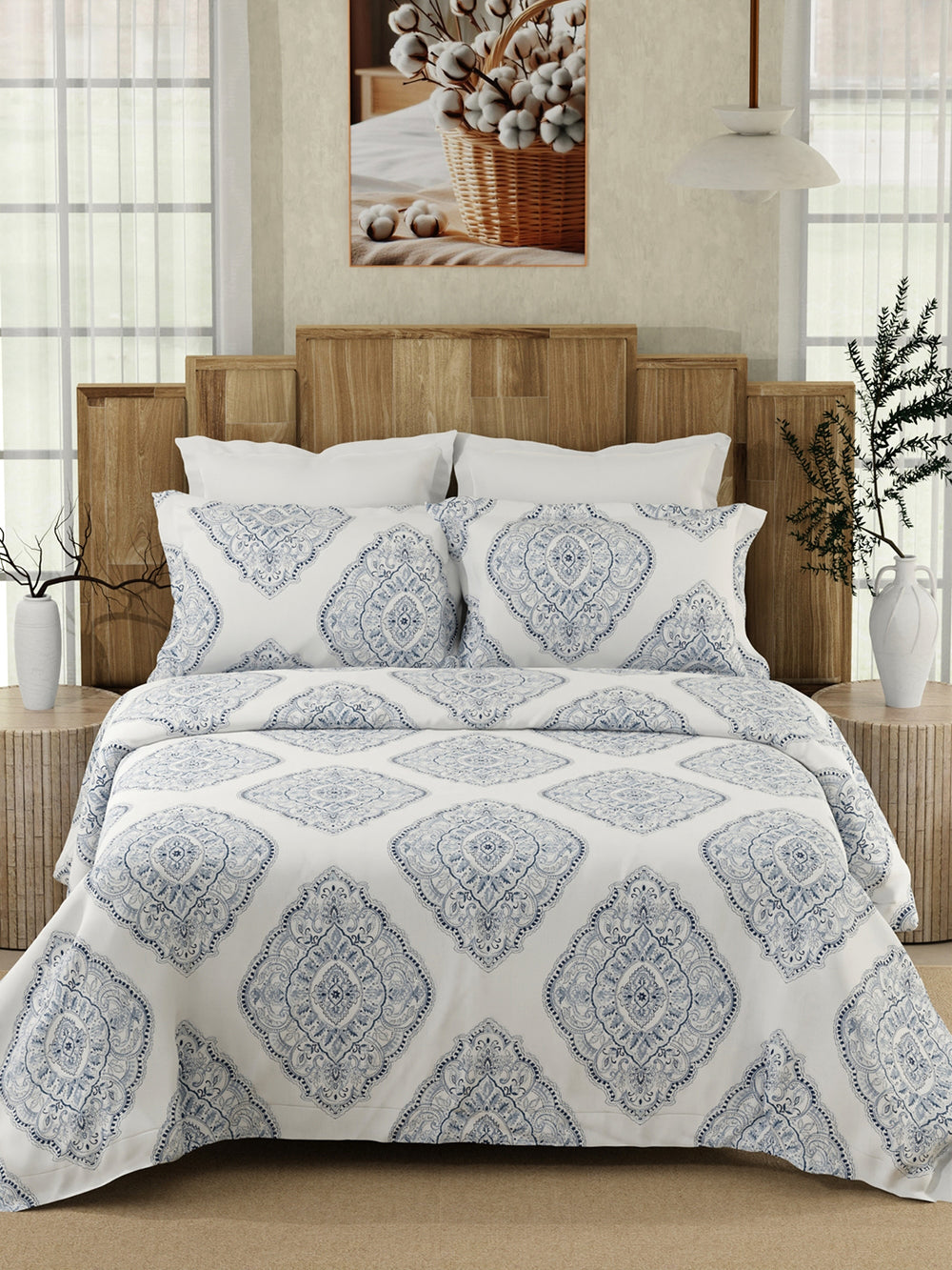 Serenity 100% Cotton 200 TC Blue White Ethnic 1 King Size Bedsheet with 2 Pillow Covers