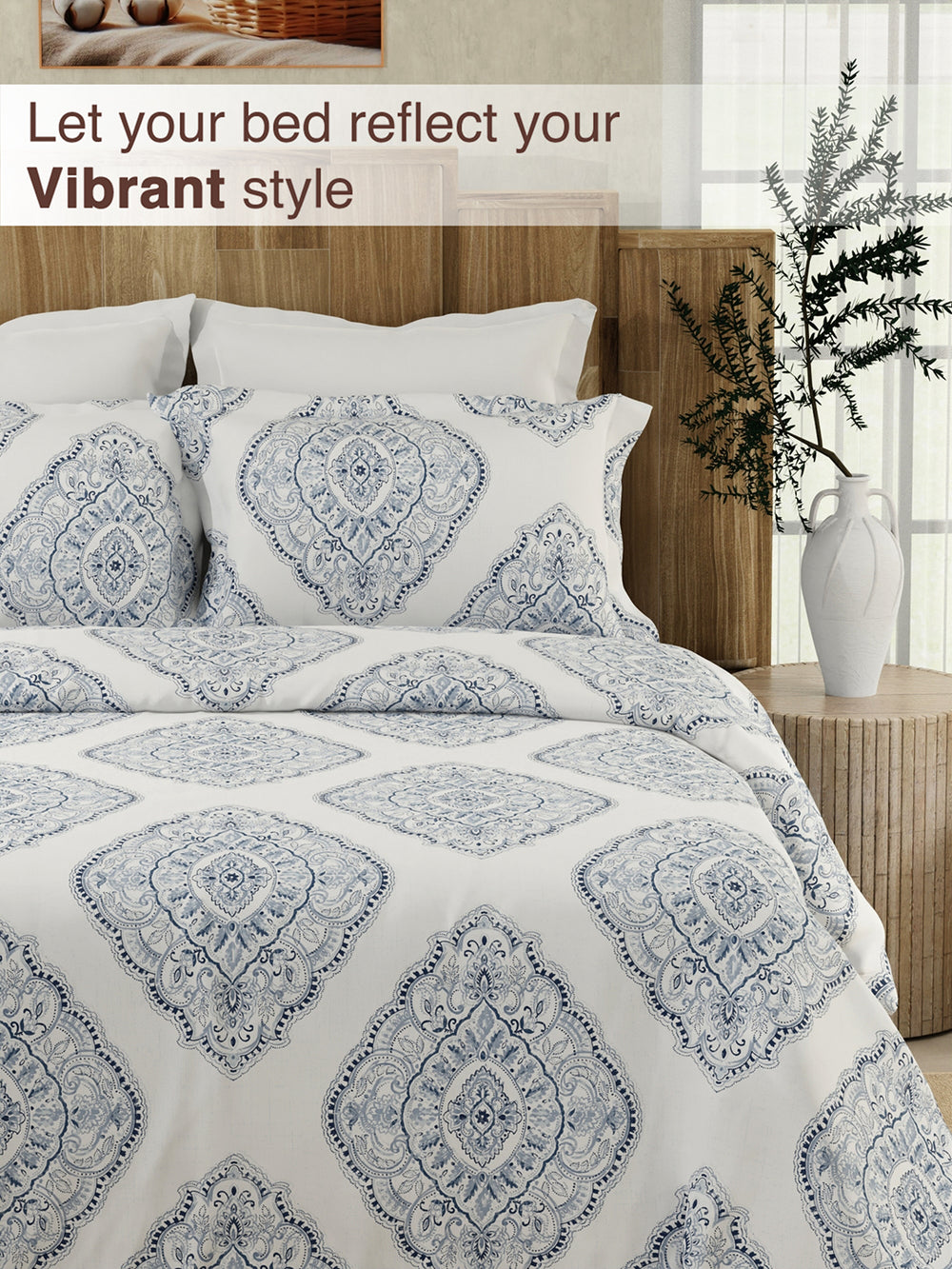Serenity 100% Cotton 200 TC Blue White Ethnic 1 King Size Bedsheet with 2 Pillow Covers