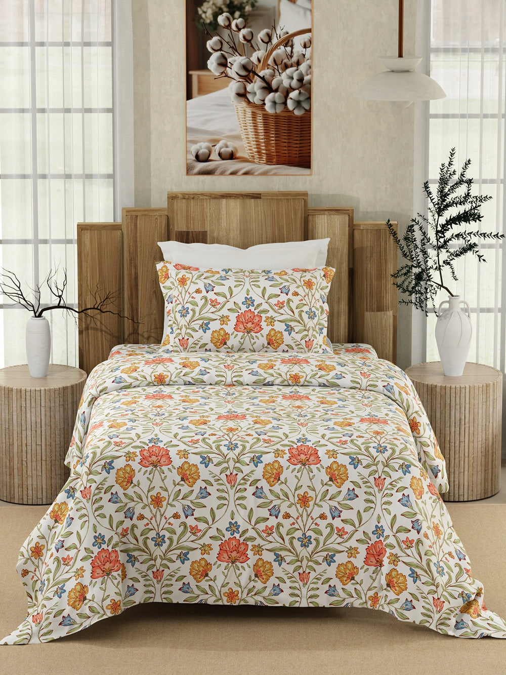 Serenity 100% Cotton 200 TC Multicolor Ethnic 1 Single Size Bedsheet with 1 Pillow Cover