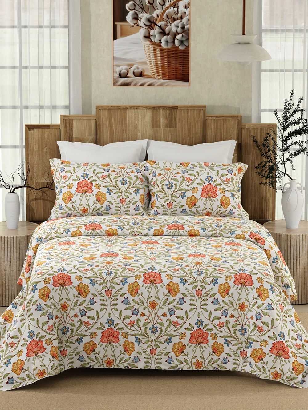 Serenity 100% Cotton 200 TC Multicolor Floral 1 King Size Bedsheet with 2 Pillow Covers