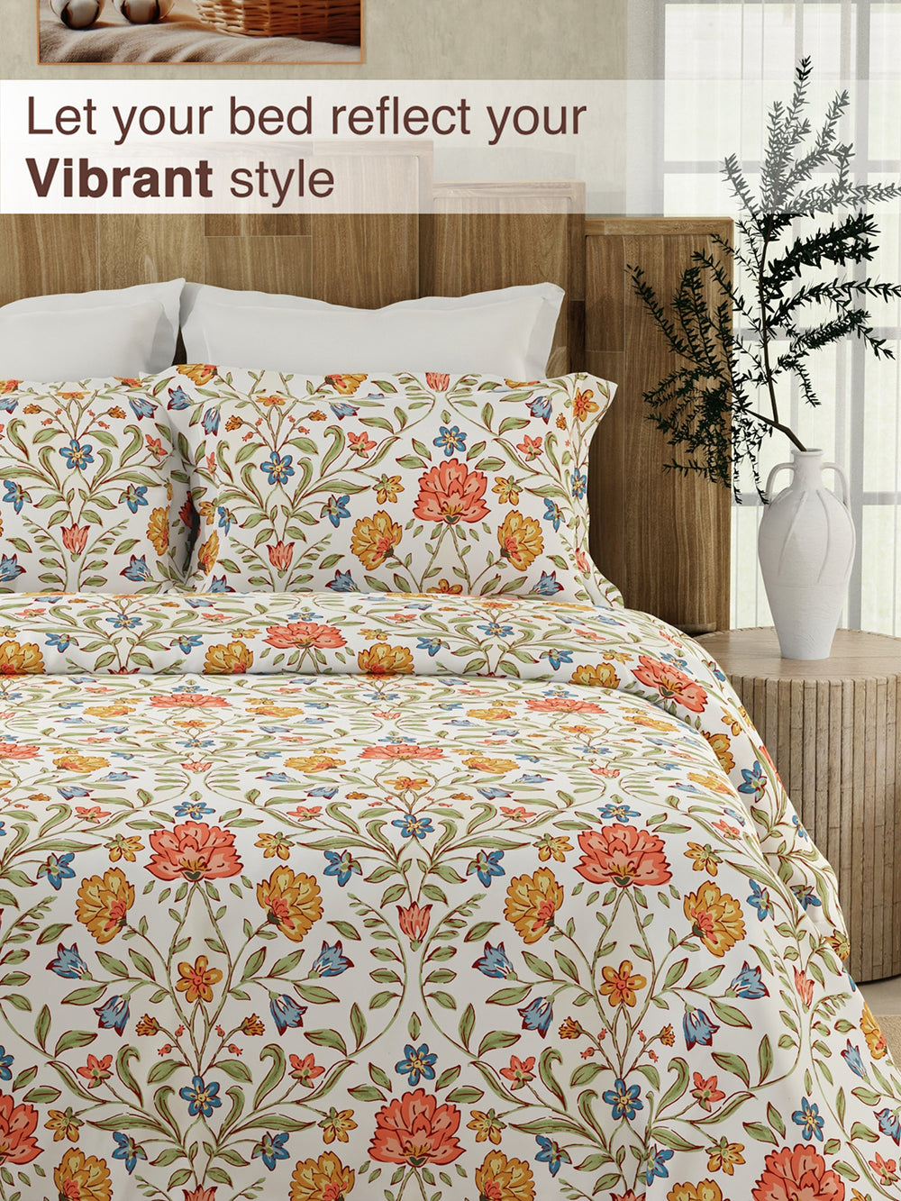 Serenity 100% Cotton 200 TC Multicolor Floral 1 King Size Bedsheet with 2 Pillow Covers