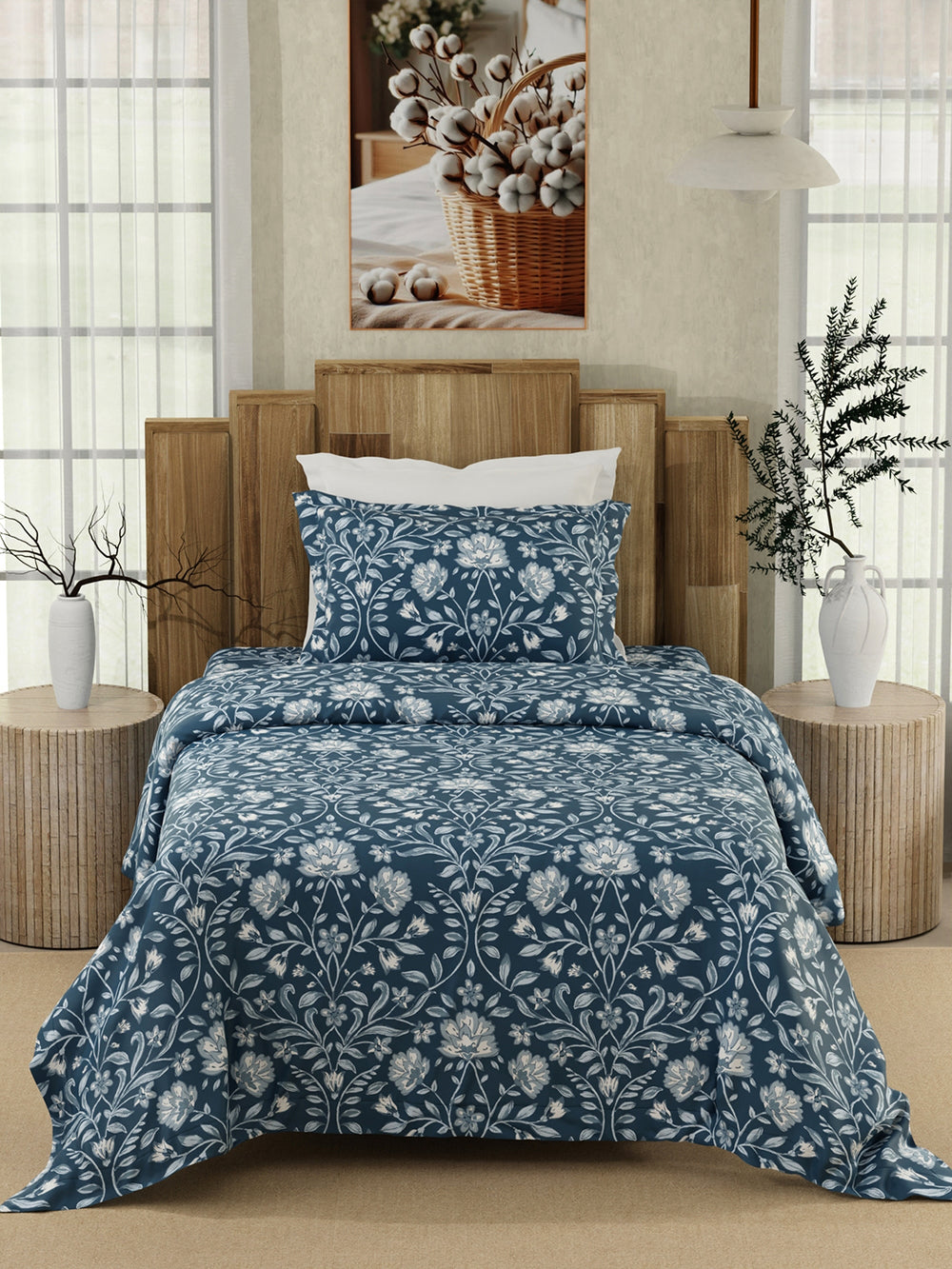 Serenity 100% Cotton 200 TC Navy Floral 1 Single Size Bedsheet with 1 Pillow Cover