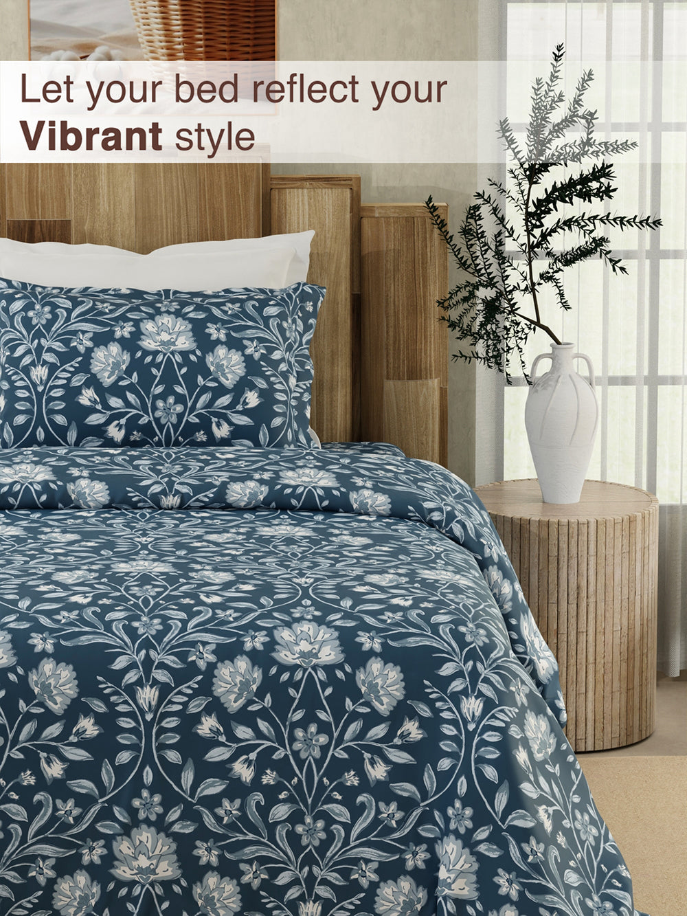 Serenity 100% Cotton 200 TC Navy Floral 1 Single Size Bedsheet with 1 Pillow Cover