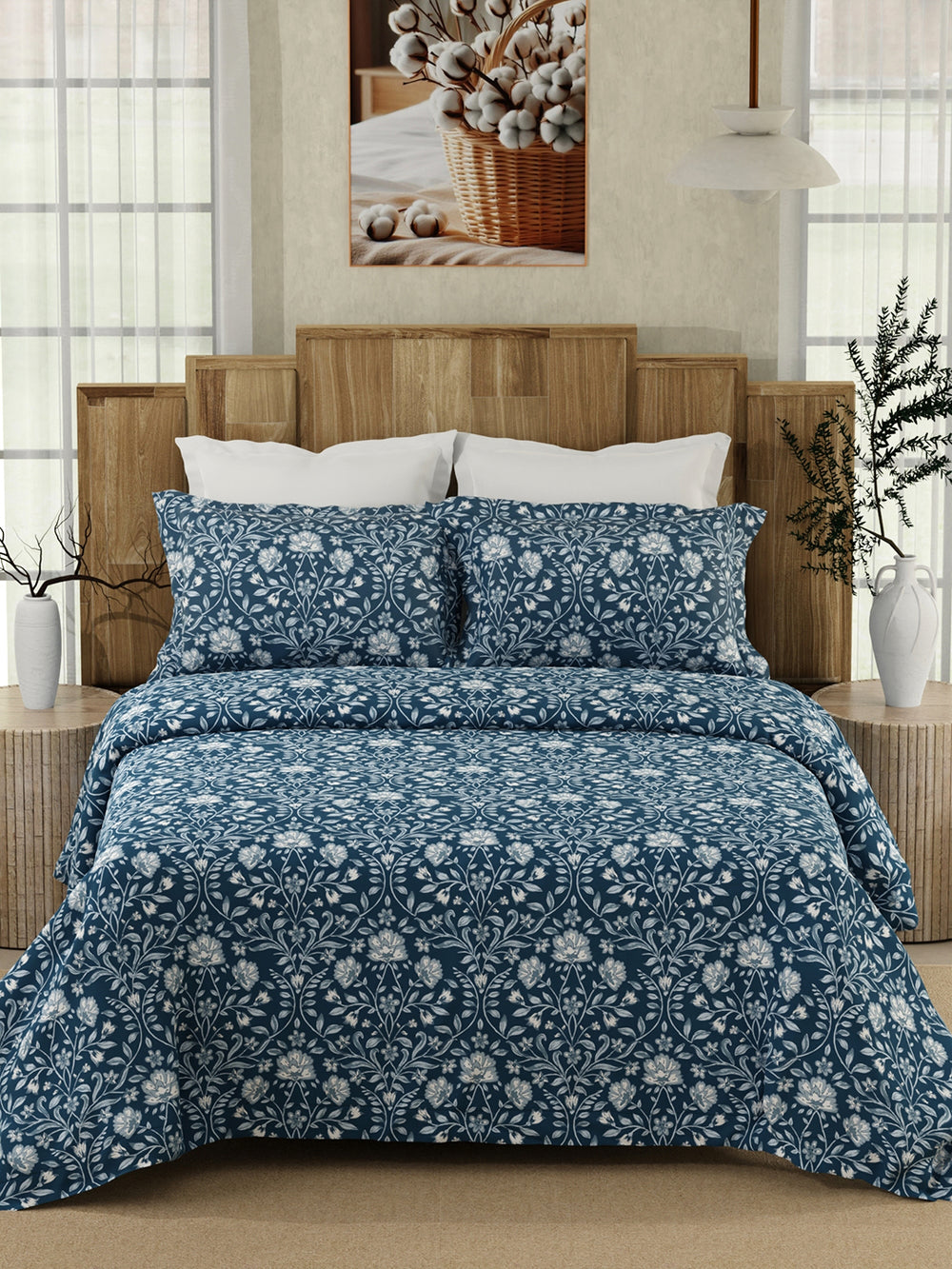 Serenity 100% Cotton 200 TC Navy Floral 1 Double Size Bedsheet with 2 Pillow Covers