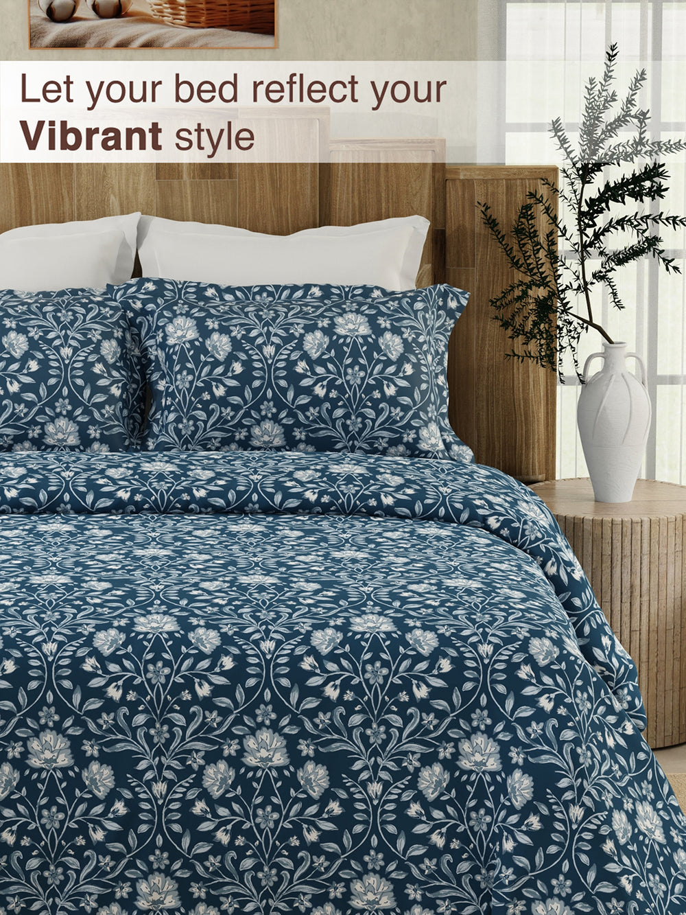 Serenity 100% Cotton 200 TC Navy Floral 1 King Size Bedsheet with 2 Pillow Covers