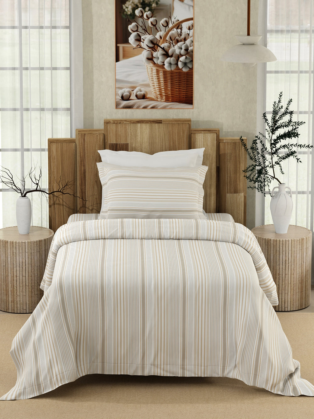 Serenity 100% Cotton 200 TC Beige Stripes 1 Single Size Bedsheet with 1 Pillow Cover