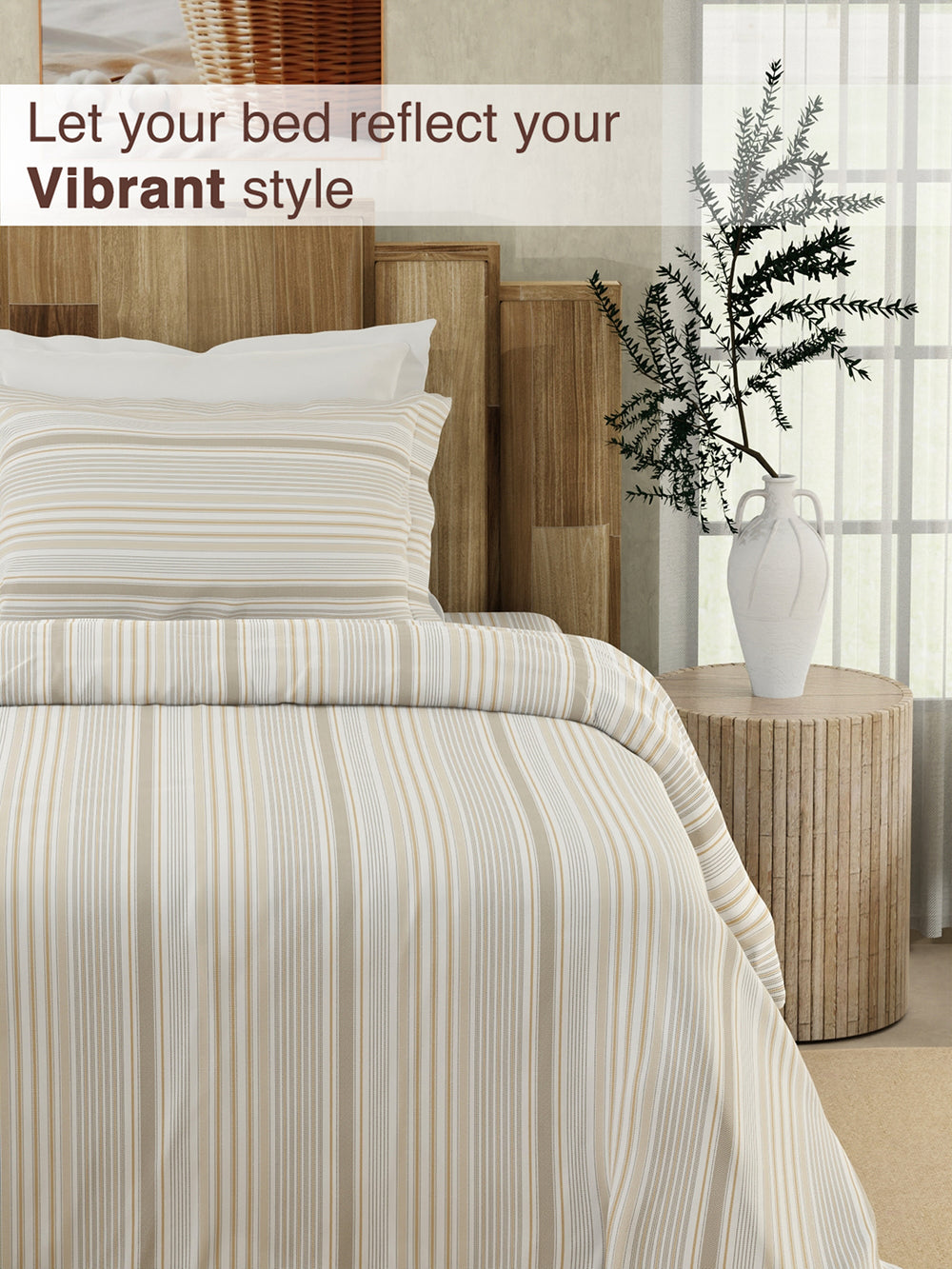 Serenity 100% Cotton 200 TC Beige Stripes 1 Single Size Bedsheet with 1 Pillow Cover