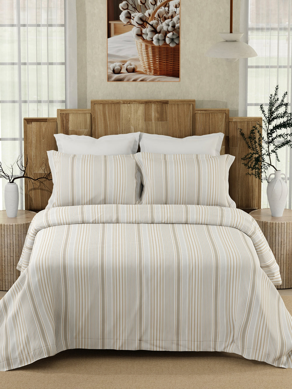 Serenity 100% Cotton 200 TC Beige Stripes 1 Double Size Bedsheet with 2 Pillow Covers