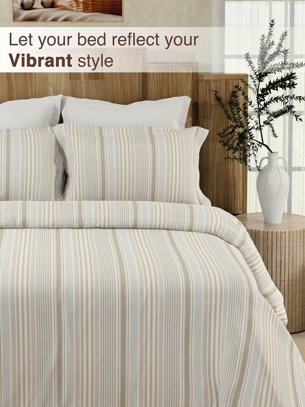 Serenity 100% Cotton 200 TC Beige Stripes 1 Double Size Bedsheet with 2 Pillow Covers