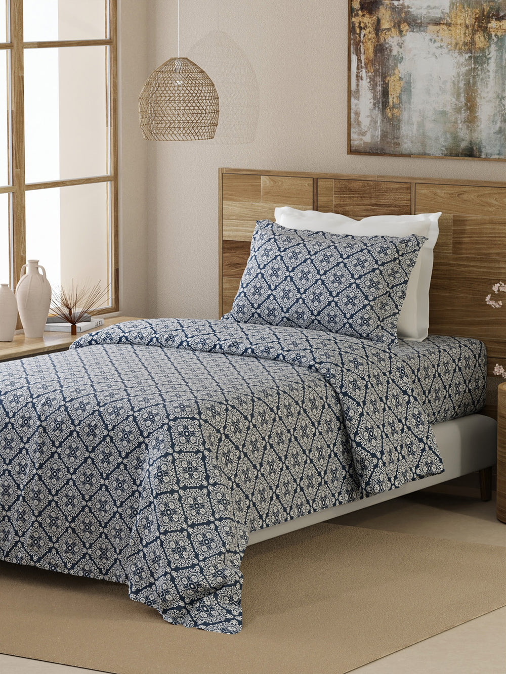 Emaline 100% Cotton 144 TC Navy Ethnic 1 Single Size Bedsheet with 1 Pillow Cover