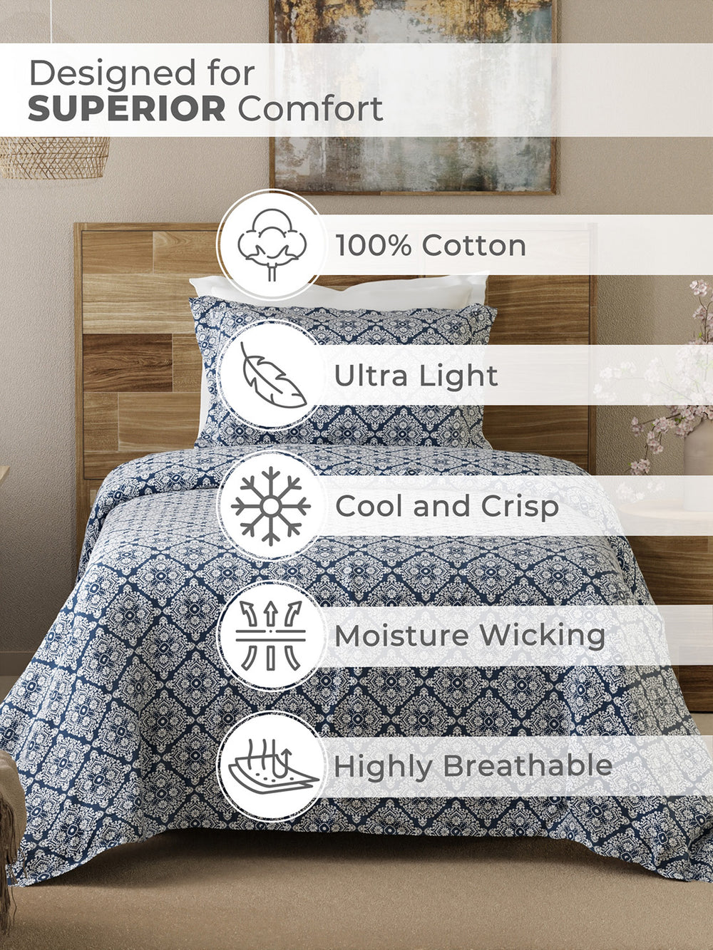 Emaline 100% Cotton 144 TC Navy Ethnic 1 Single Size Bedsheet with 1 Pillow Cover