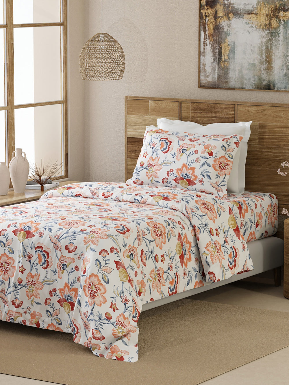 Emaline 100% Cotton 144 TC Multicolor Floral 1 Single Size Bedsheet with 1 Pillow Cover