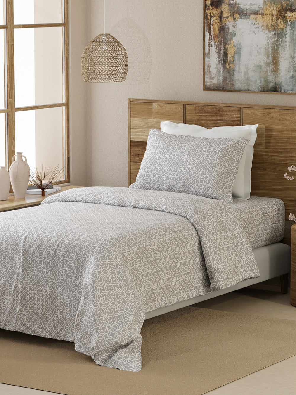 Emaline 100% Cotton 144 TC Grey Ethnic 1 Single Size Bedsheet with 1 Pillow Cover