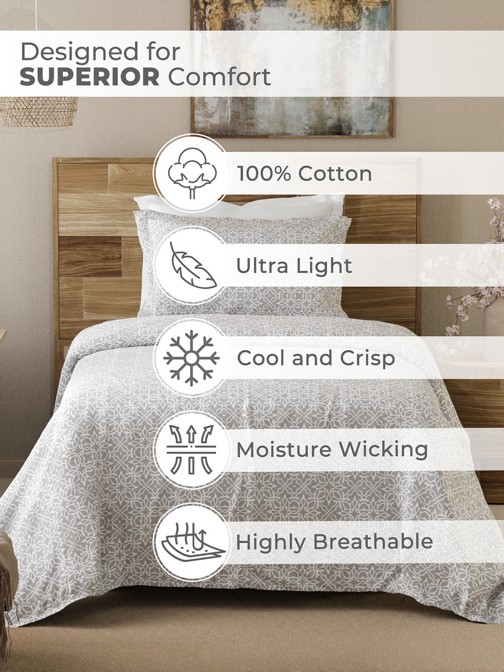 Emaline 100% Cotton 144 TC Grey Ethnic 1 Single Size Bedsheet with 1 Pillow Cover