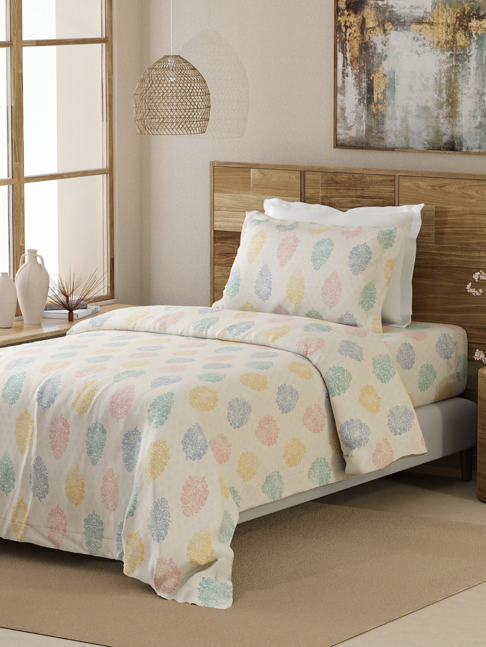Emaline 100% Cotton 144 TC Multicolor Ethnic 1 Single Size Bedsheet with 1 Pillow Cover