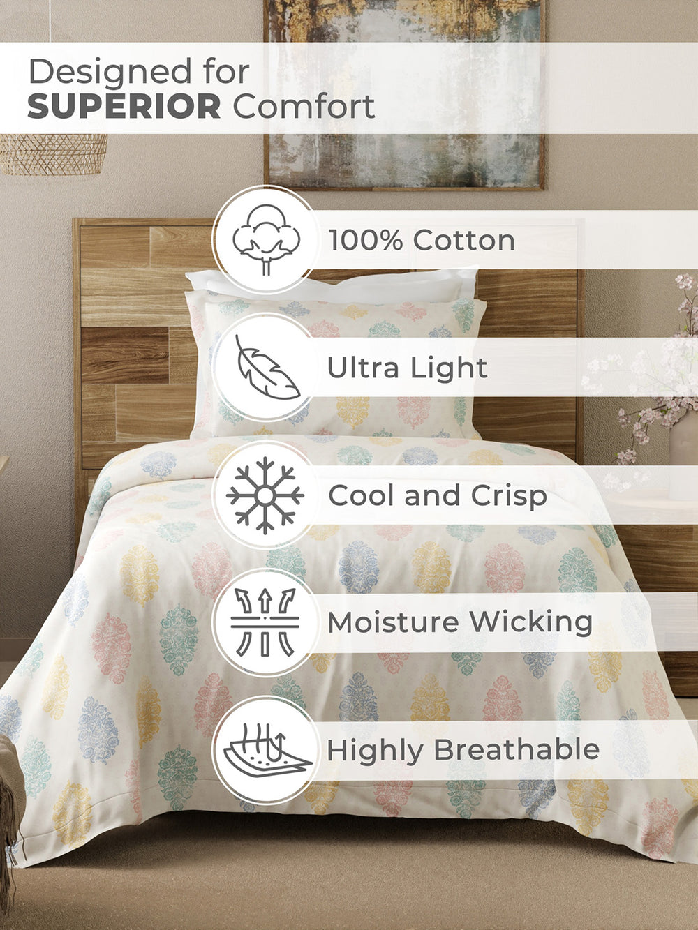 Emaline 100% Cotton 144 TC Multicolor Ethnic 1 Single Size Bedsheet with 1 Pillow Cover