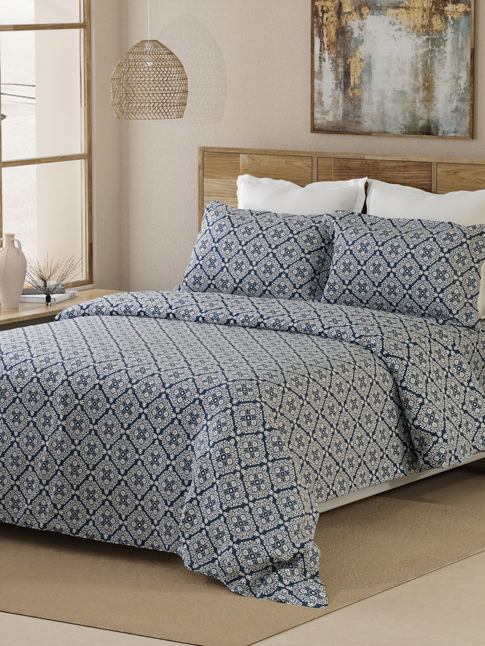 Emaline 100% Cotton 144 TC Navy Geometrical 1 Double Size Bedsheet with 2 Pillow Covers