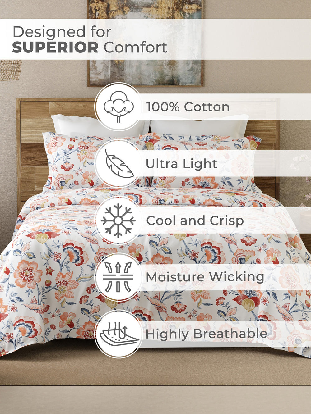 Emaline 100% Cotton 144 TC Multicolor Floral 1 Double Size Bedsheet with 2 Pillow Covers