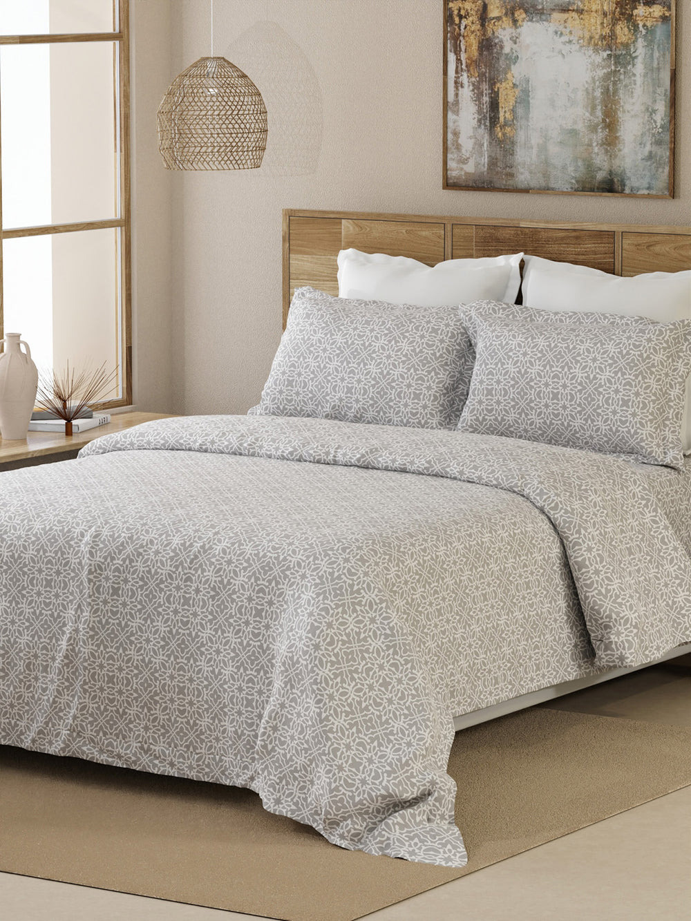 Emaline 100% Cotton 144 TC Grey Ethnic 1 Double Size Bedsheet with 2 Pillow Covers