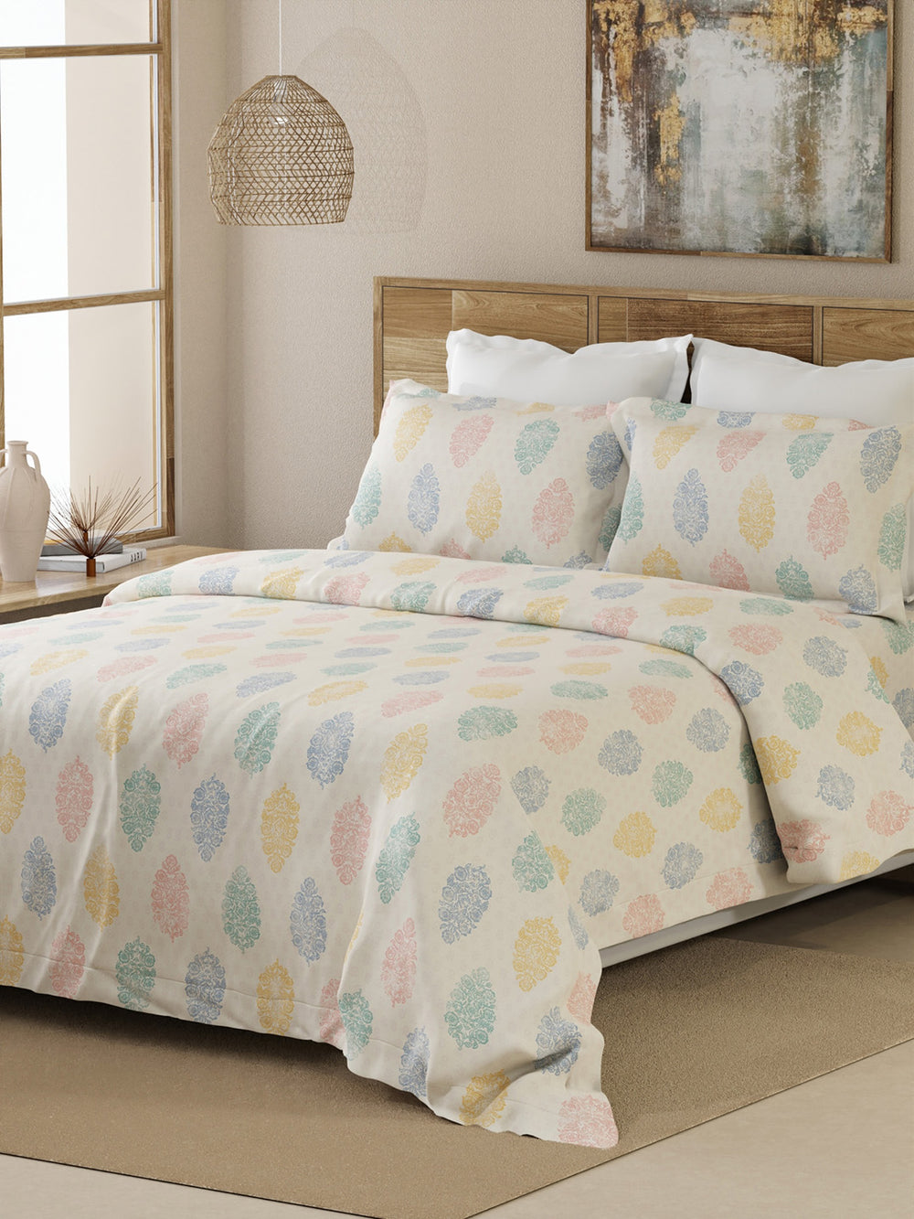 Emaline 100% Cotton 144 TC Multicolor Ethnic 1 Double Size Bedsheet with 2 Pillow Covers