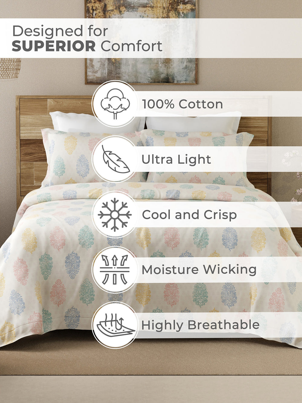 Emaline 100% Cotton 144 TC Multicolor Ethnic 1 Double Size Bedsheet with 2 Pillow Covers