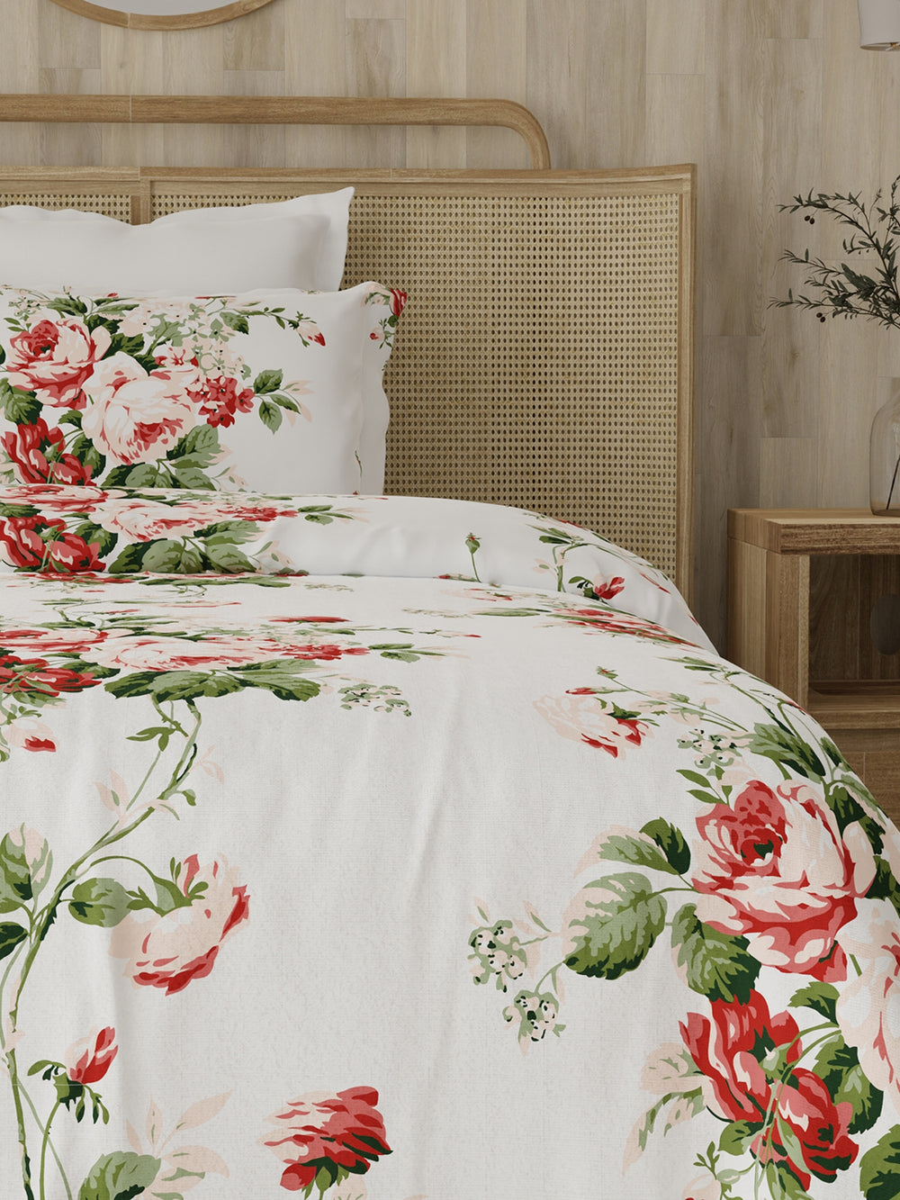 Zen 225 CVC White Red Floral 1 Single Size Bedsheet with 1 Pillow Cover
