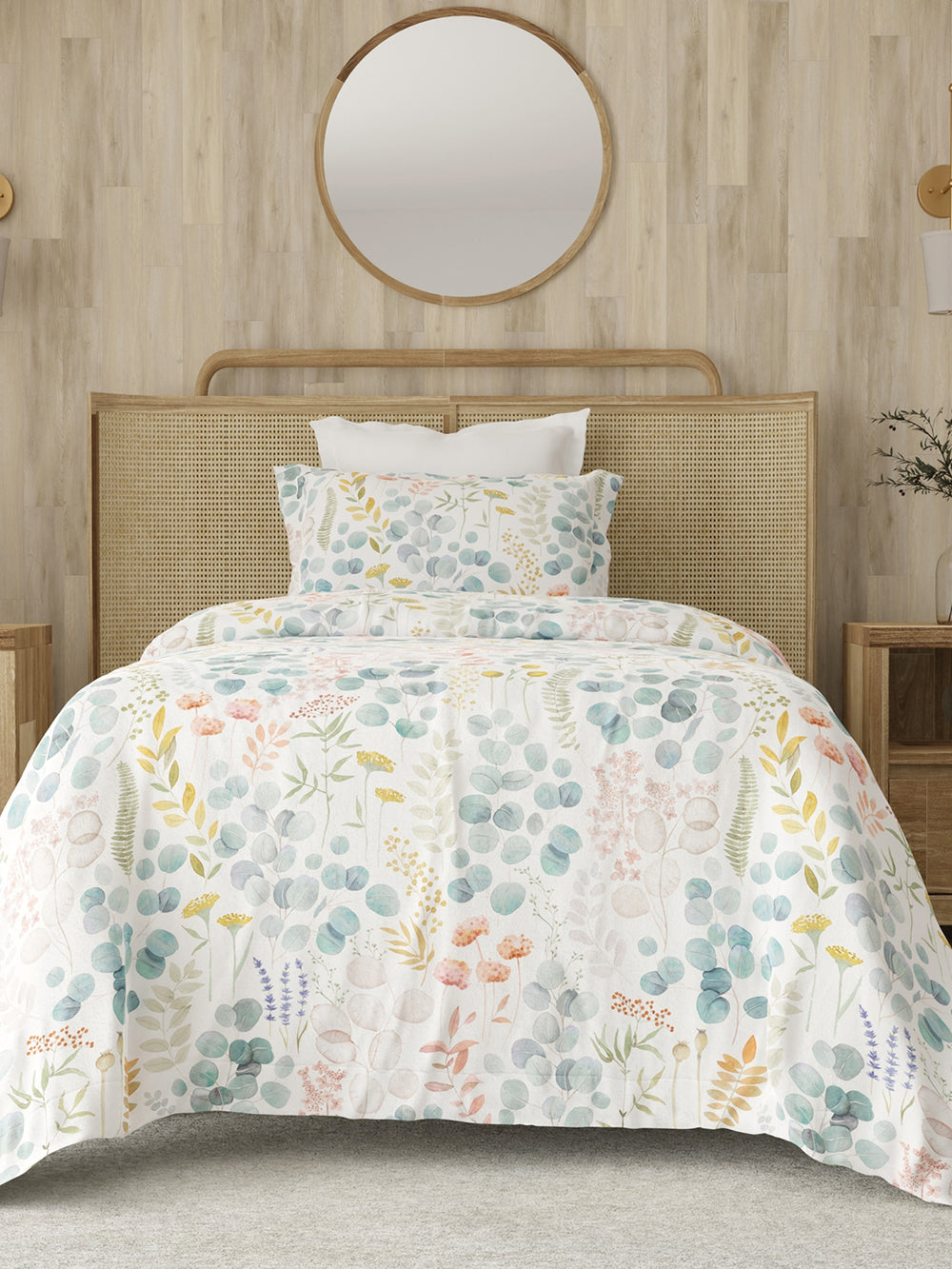 Zen 225 CVC Blue Floral 1 Single Size Bedsheet with 1 Pillow Cover