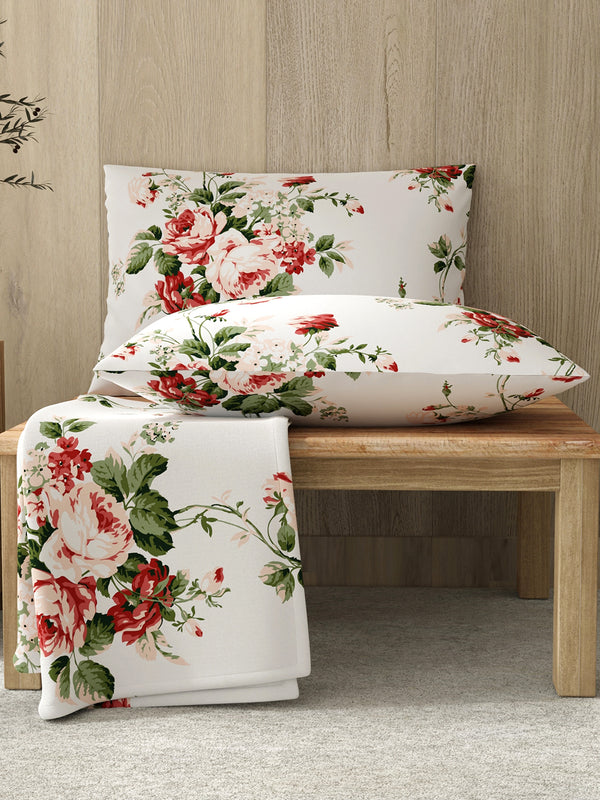 Zen 225 CVC White Red Floral 1 Double Size Bedsheet with 2 Pillow Covers
