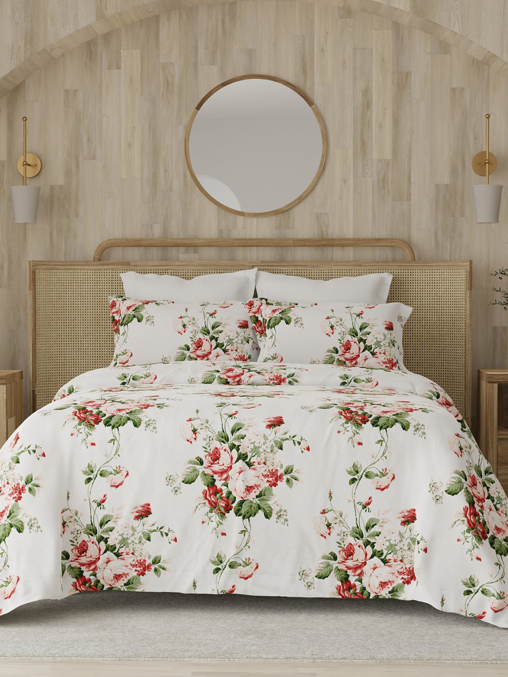 Zen 225 CVC White Red Floral 1 Double Size Bedsheet with 2 Pillow Covers