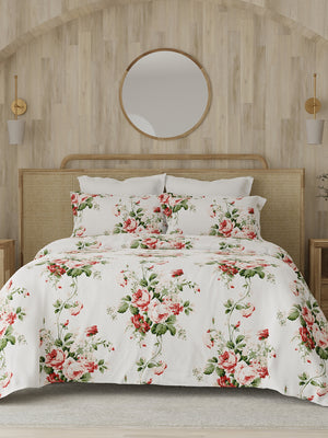 Zen 225 CVC White Red Floral 1 Double Size Bedsheet with 2 Pillow Covers