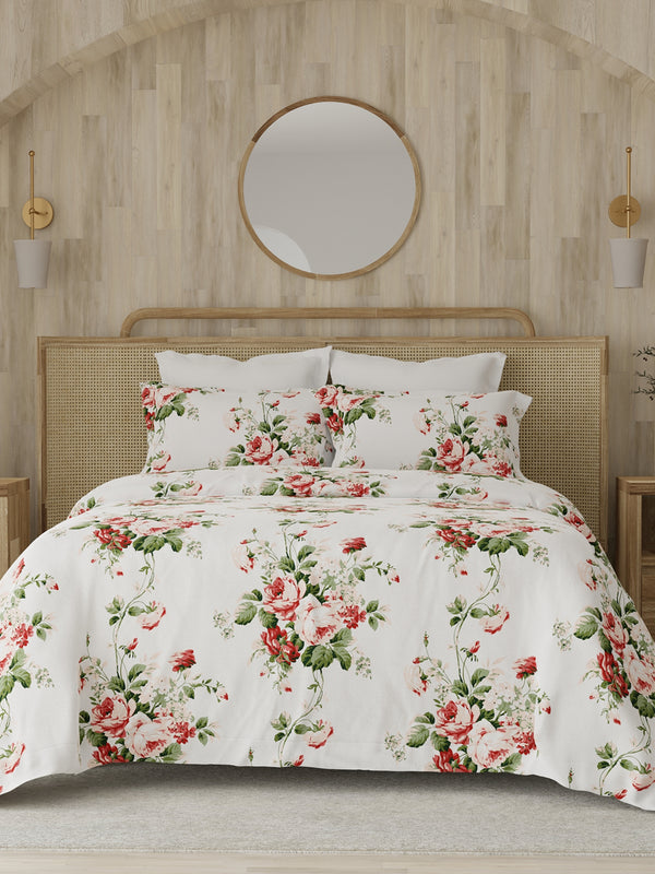 Zen 225 CVC White Red Floral 1 Double Size Bedsheet with 2 Pillow Covers