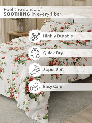Zen 225 CVC White Red Floral 1 Double Size Bedsheet with 2 Pillow Covers