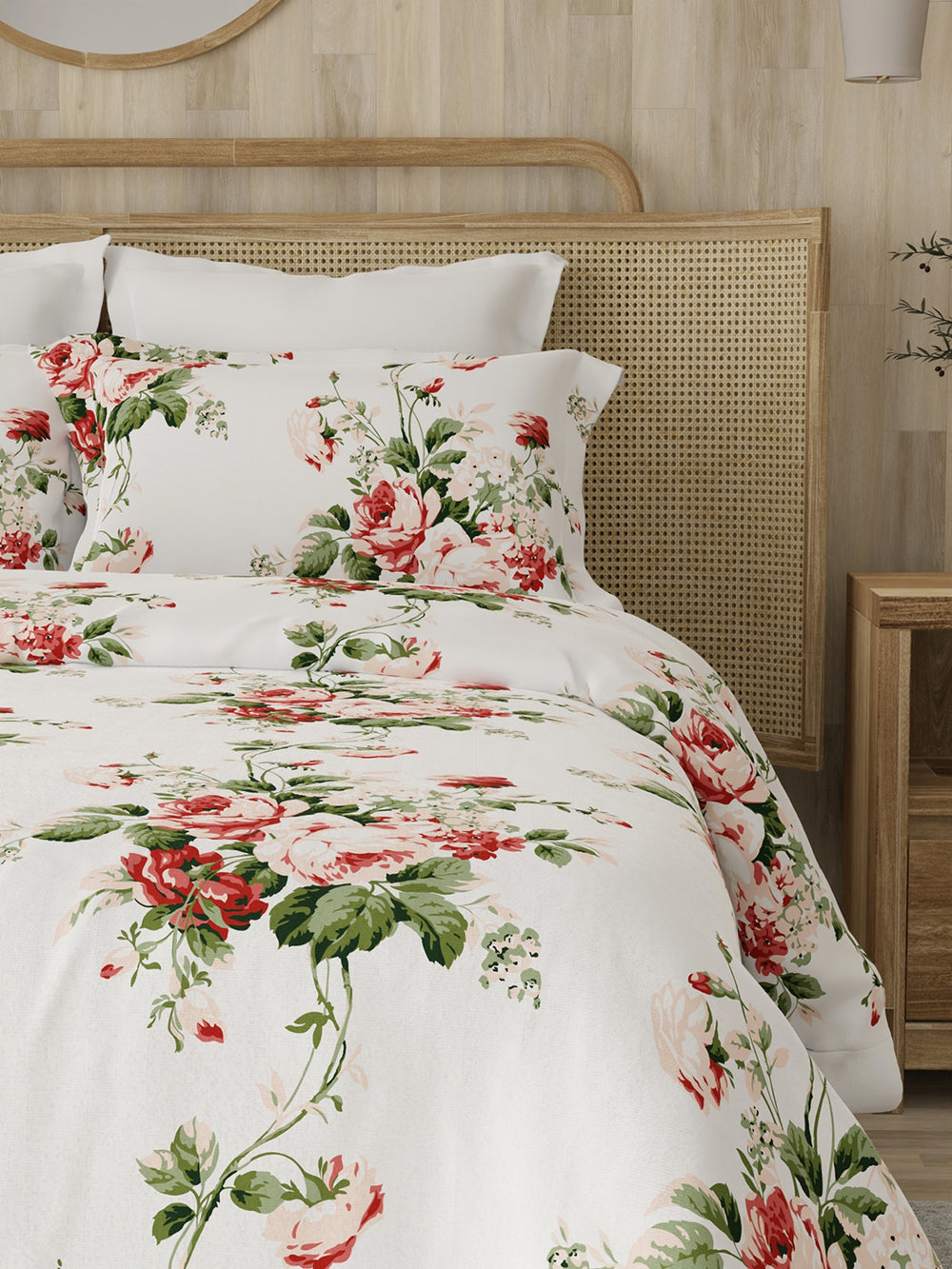 Zen 225 CVC White Red Floral 1 Double Size Bedsheet with 2 Pillow Covers