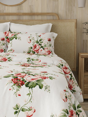 Zen 225 CVC White Red Floral 1 Double Size Bedsheet with 2 Pillow Covers