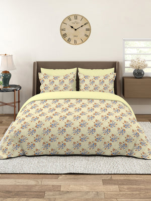 Marigold 100% Cotton 144 TC Light Yellow Floral 1 King Size Bedsheet with 2 Pillow Covers