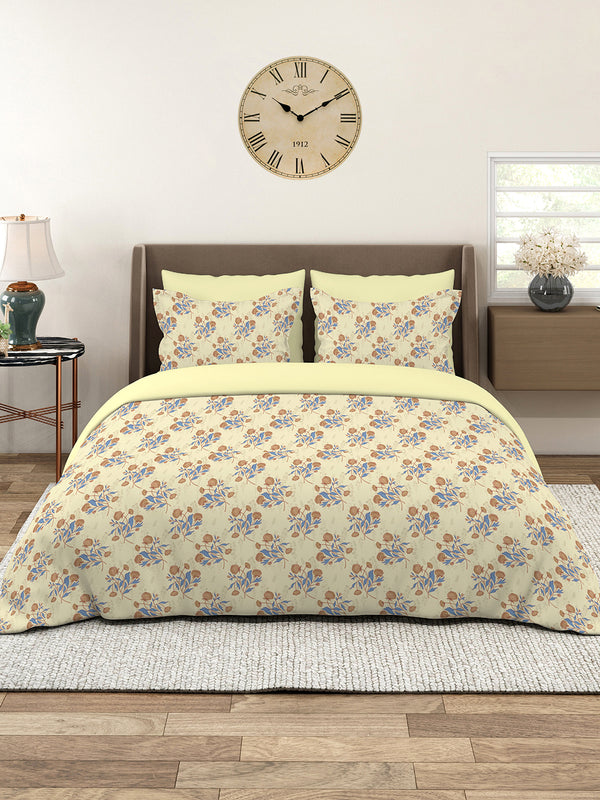 Marigold 100% Cotton 144 TC Light Yellow Floral 1 King Size Bedsheet with 2 Pillow Covers