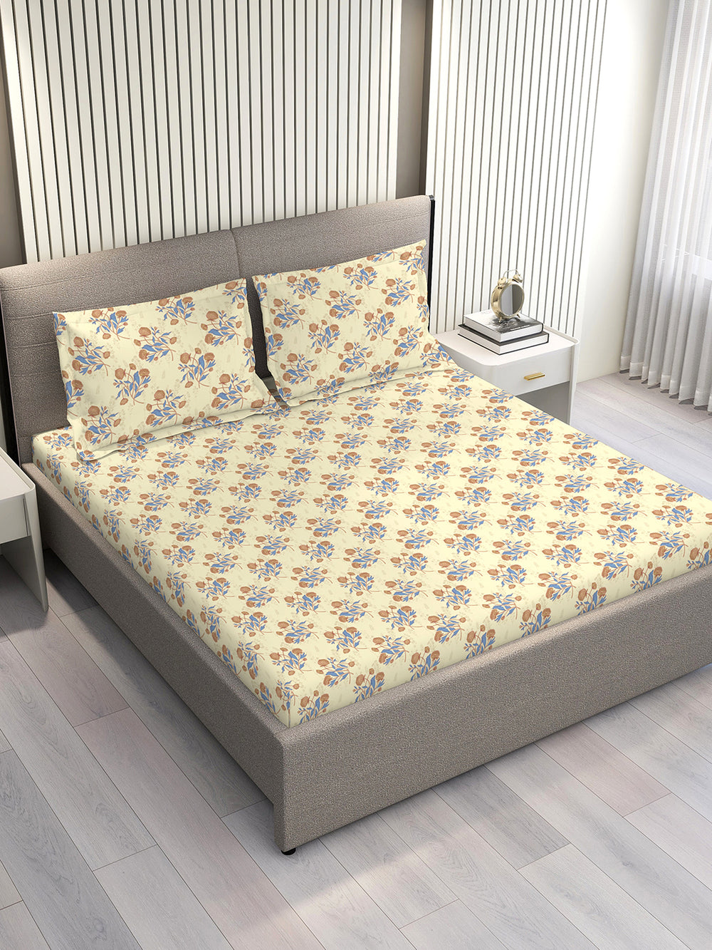 Marigold 100% Cotton 144 TC Light Yellow Floral 1 King Size Bedsheet with 2 Pillow Covers