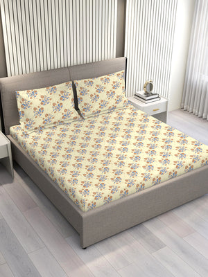 Marigold 100% Cotton 144 TC Light Yellow Floral 1 King Size Bedsheet with 2 Pillow Covers