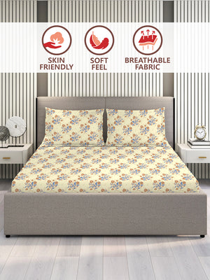 Marigold 100% Cotton 144 TC Light Yellow Floral 1 King Size Bedsheet with 2 Pillow Covers