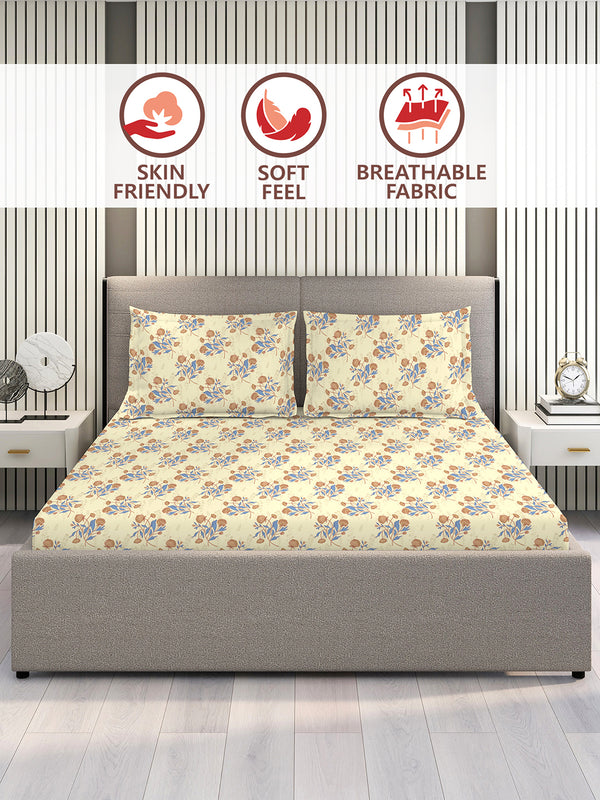Marigold 100% Cotton 144 TC Light Yellow Floral 1 King Size Bedsheet with 2 Pillow Covers