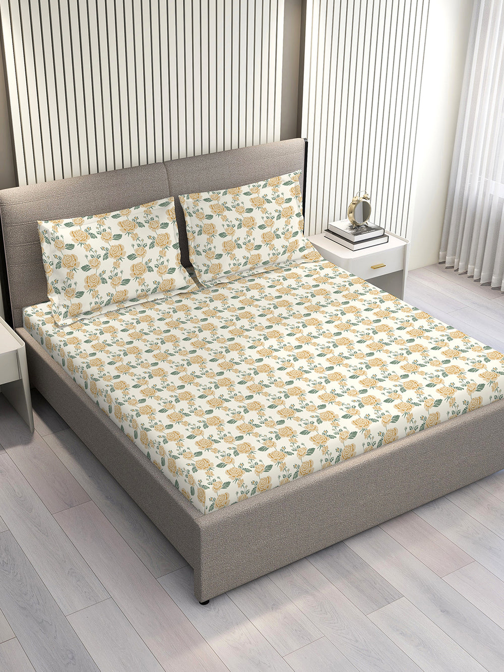 Marigold 100% Cotton 144 TC Cream Floral 1 King Size Bedsheet with 2 Pillow Covers