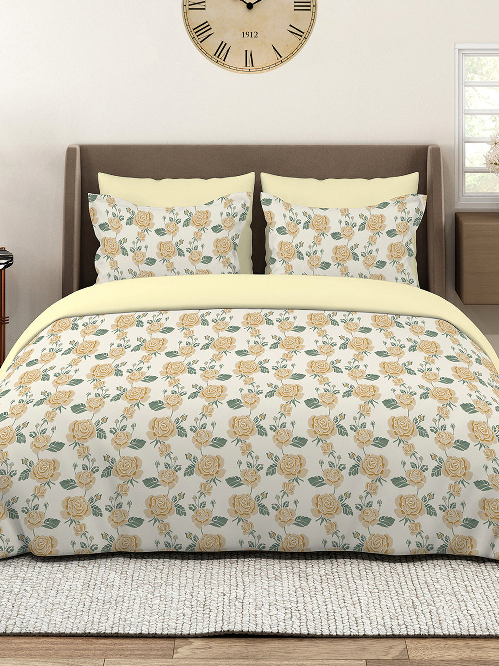 Marigold 100% Cotton 144 TC Cream Floral 1 King Size Bedsheet with 2 Pillow Covers