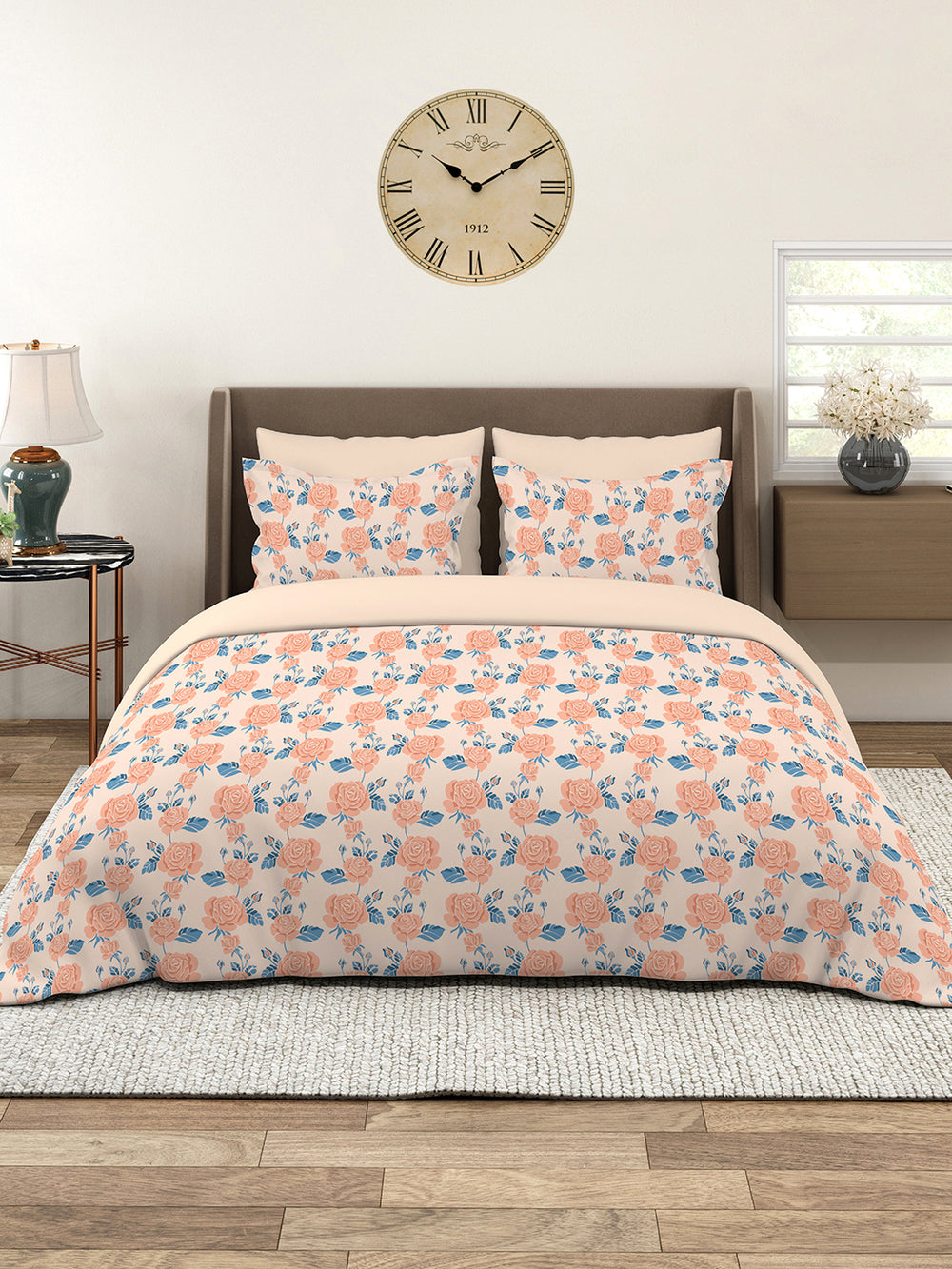 Marigold 100% Cotton 144 TC Peach Floral 1 King Size Bedsheet with 2 Pillow Covers