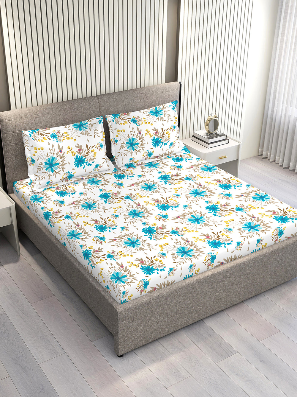 Marigold 100% Cotton 144 TC Blue White Floral 1 King Size Bedsheet with 2 Pillow Covers