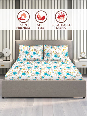 Marigold 100% Cotton 144 TC Blue White Floral 1 King Size Bedsheet with 2 Pillow Covers