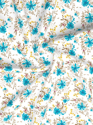 Marigold 100% Cotton 144 TC Blue White Floral 1 King Size Bedsheet with 2 Pillow Covers