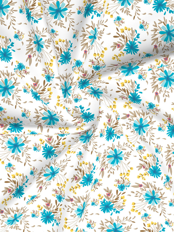 Marigold 100% Cotton 144 TC Blue White Floral 1 King Size Bedsheet with 2 Pillow Covers