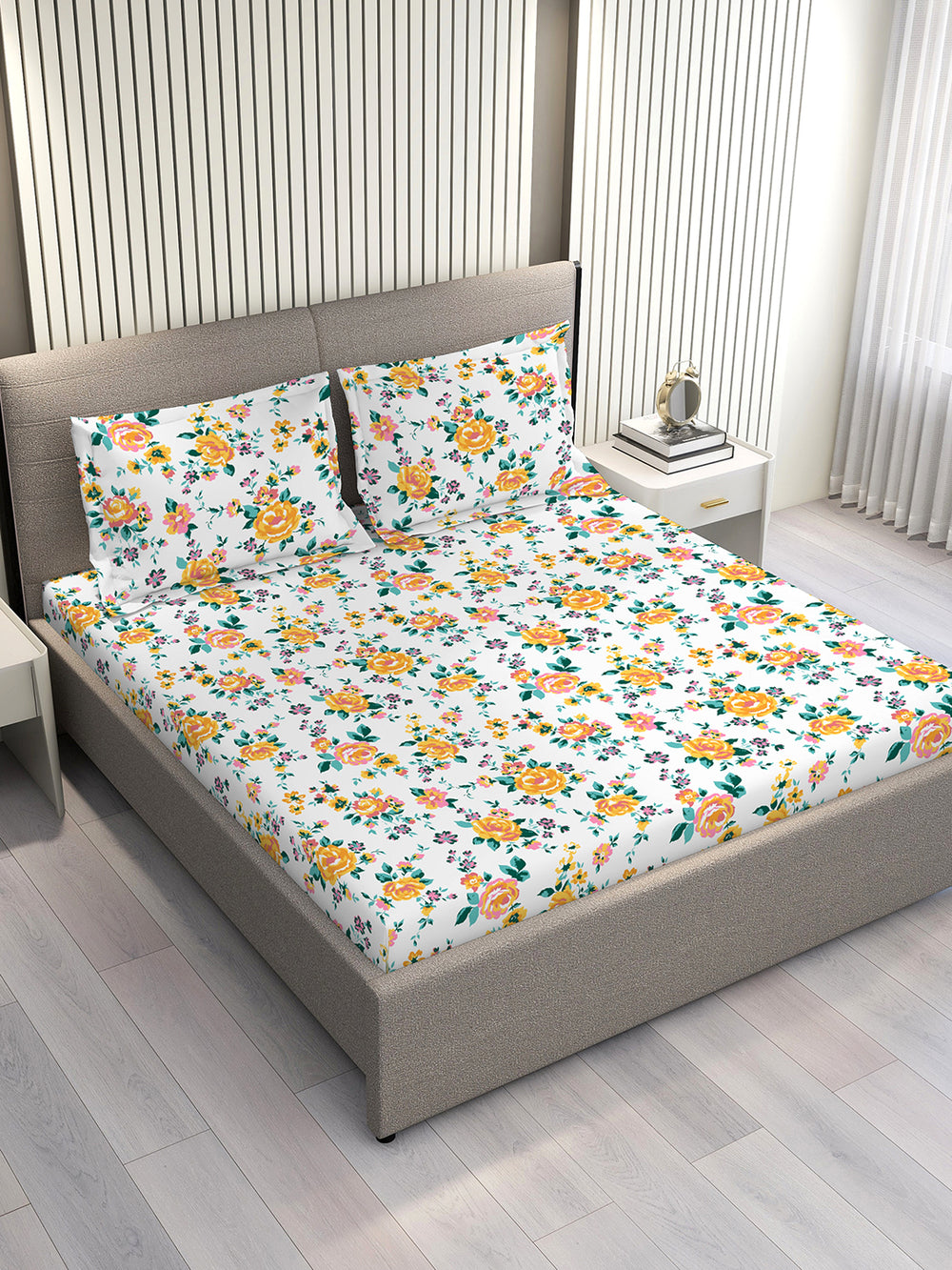Marigold 100% Cotton 144 TC Multicolor Floral 1 King Size Bedsheet with 2 Pillow Covers